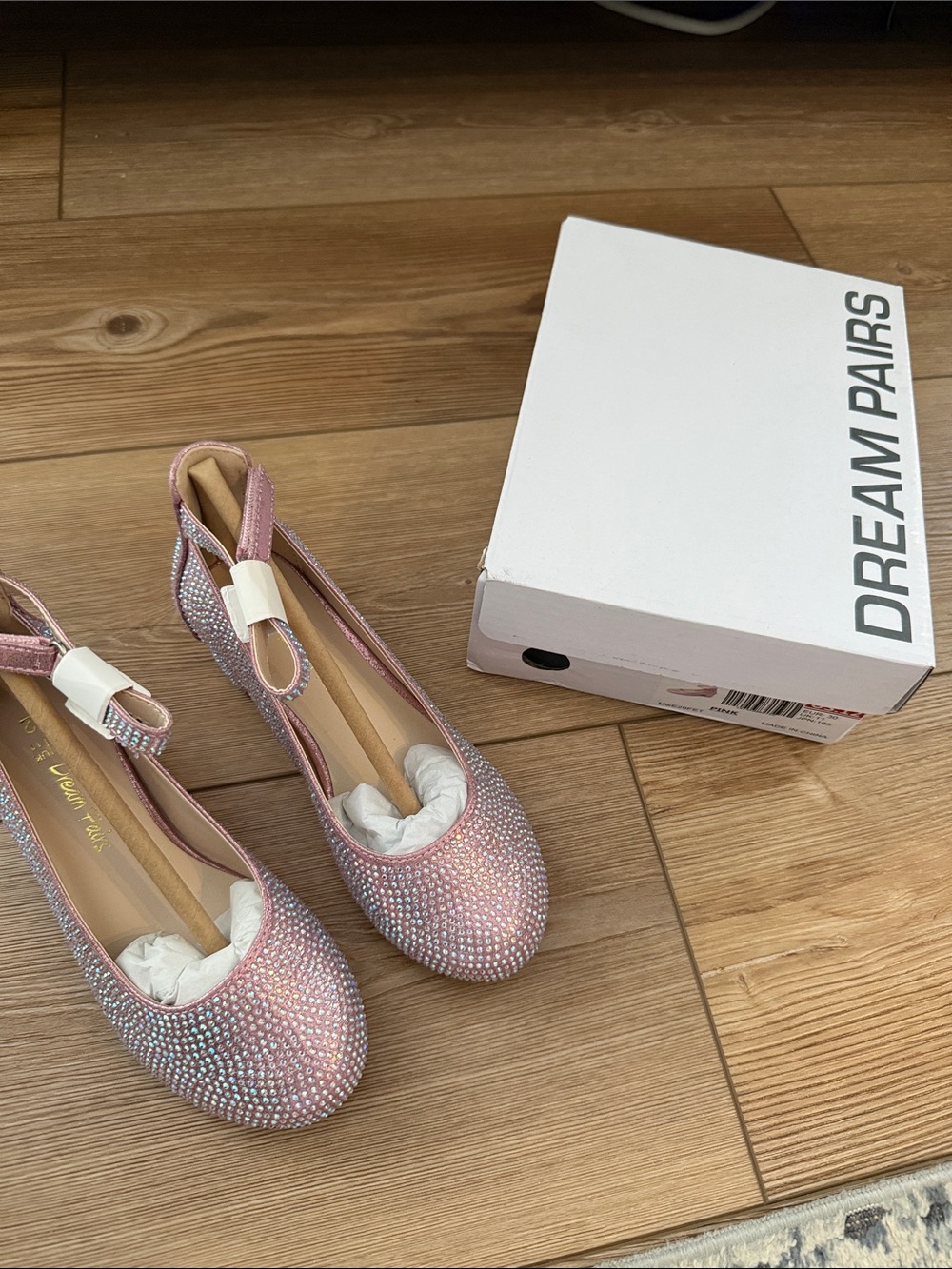 Dream Pairs Pink Rhinestone Girls Ballet Flats with Ankle Strap